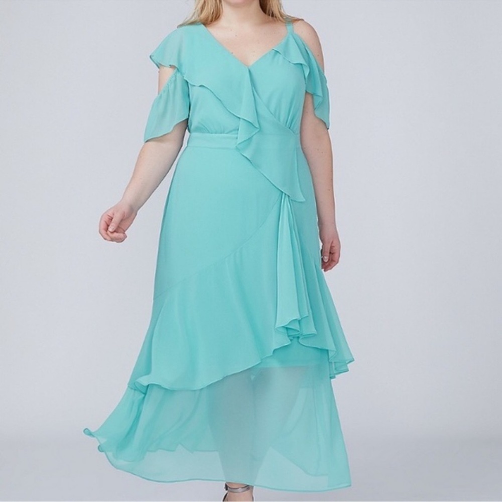 Cold-Shoulder Ruffle Maxi Dress in Aqua